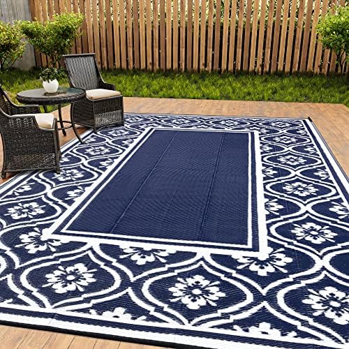 HUGEAR RV Outdoor Rug Waterproof Mat 6'x9' for Patios Clearance Carpet Camping, Large, Plastic Straw (Lantern Navy Blue&White)