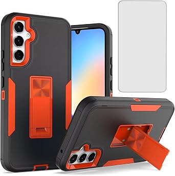 Phone Case for Galaxy A34 5G Case, Samsung A34 5G SM-A346M with Tempered Glass Screen Protector, Magnetic Bulit in Kickstand Dual Layer Shockproof Cover for Samsung Galaxy A34 5G Black Orange