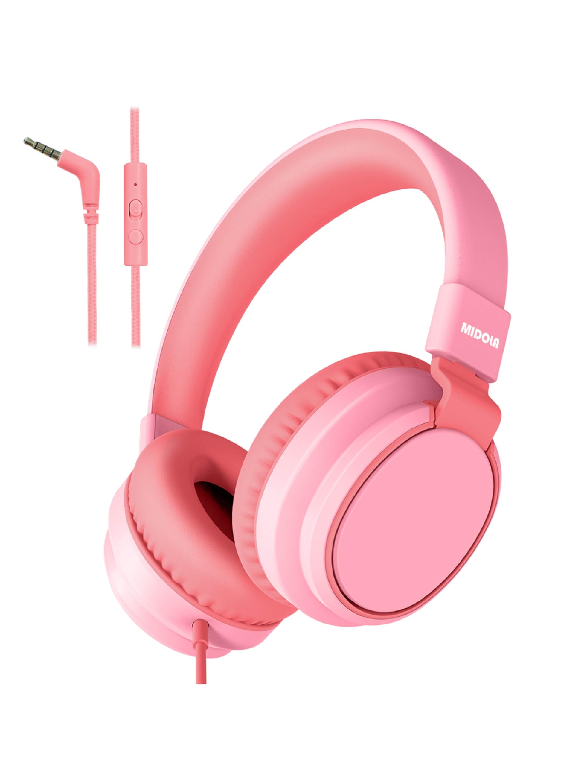 MIDOLA Kinderkopfhörer, kabelgebunden, Lautstärkebegrenzung 85/96 dB, Over-Ear/On-Ear, faltbares Headset mit Inline-Kabel, AUX-3,5-mm-Kabelmikrofon für Kinder, Jungen und Mädchen, Rosa