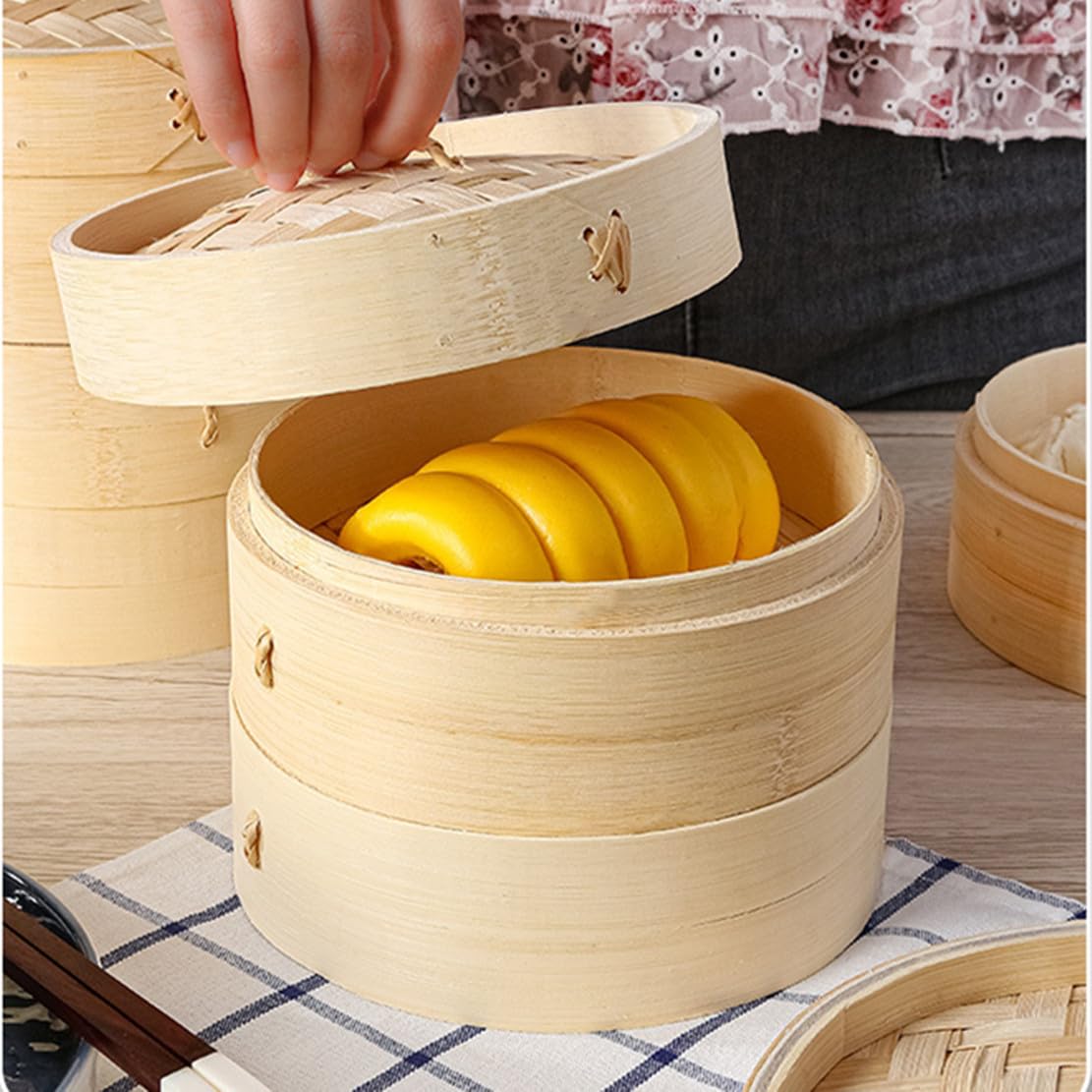 MMCCHB Bamboo Steamer, Handmade 2-Tier Steamer, 8-Inch with Lid, Ideal for Steaming Rice, Dumplings, Vegetables, Fish, Meat, etc., Natural Color