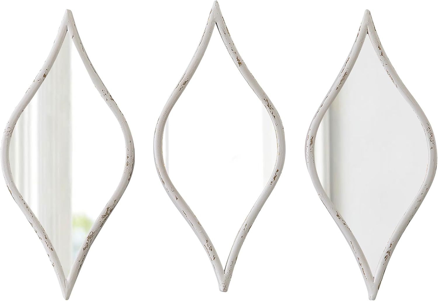 Rustic Small Tear Drop Mirror Wall Decor 6 X 15 Inch, Set of 3 Distressed White Metal Entryway Mirror, Gold Wall Mirrors Decorative for Bathroom Bedroom Living Room