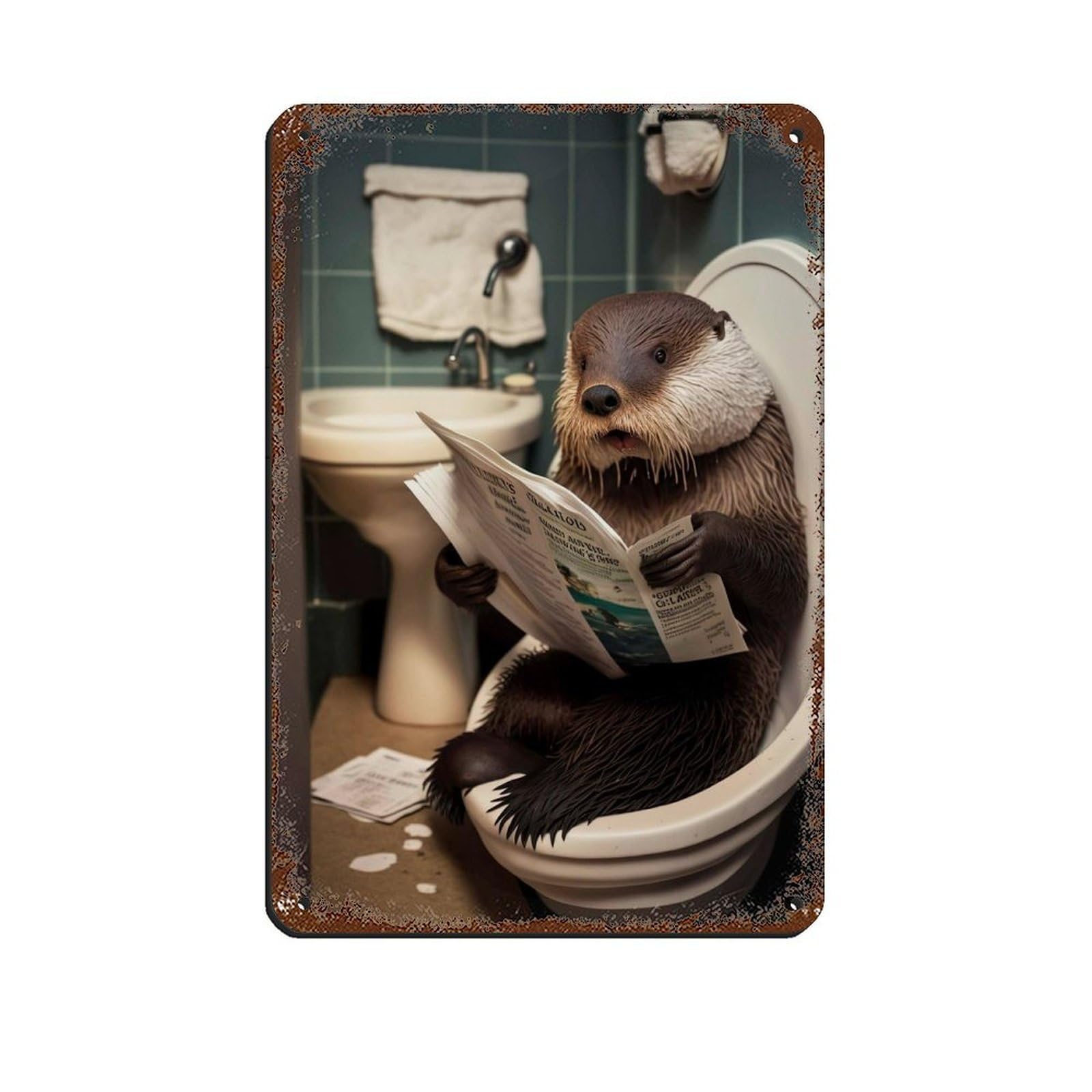 Otter on Toilet Reading The Newspaper Retro Poster Metal Tin Sign Chic Art Retro Iron Painting Bar People Cave Cafe Family Garage Poster Wall Decoration 8x12inch(20x30cm)