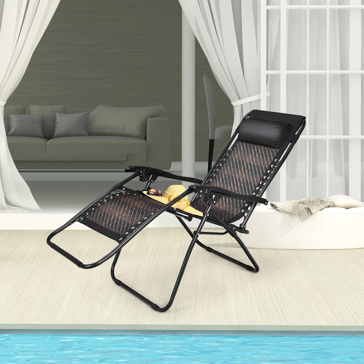 COSTWAY Zero Gravity Lounge Chair, Patio Rattan Recliner with Pillow, Lockable, Foldable & Lightweight, Suitable for Outdoor Use (Mix Brown)