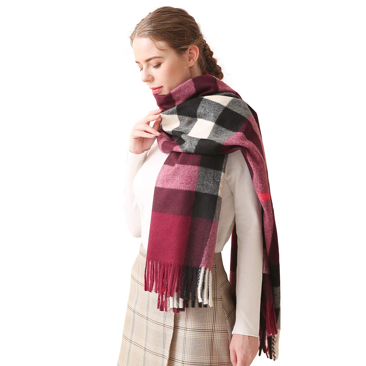 LumiSyne Zimowy senior w kratę kaszmirowy szalik z frędzlami dla kobiet mężczyzn oversize Tartan etola klasyczny wzór karo miękki i pogrubiony szal w kratkę Pashmina, czerwony (Weinrot), jeden rozmiar