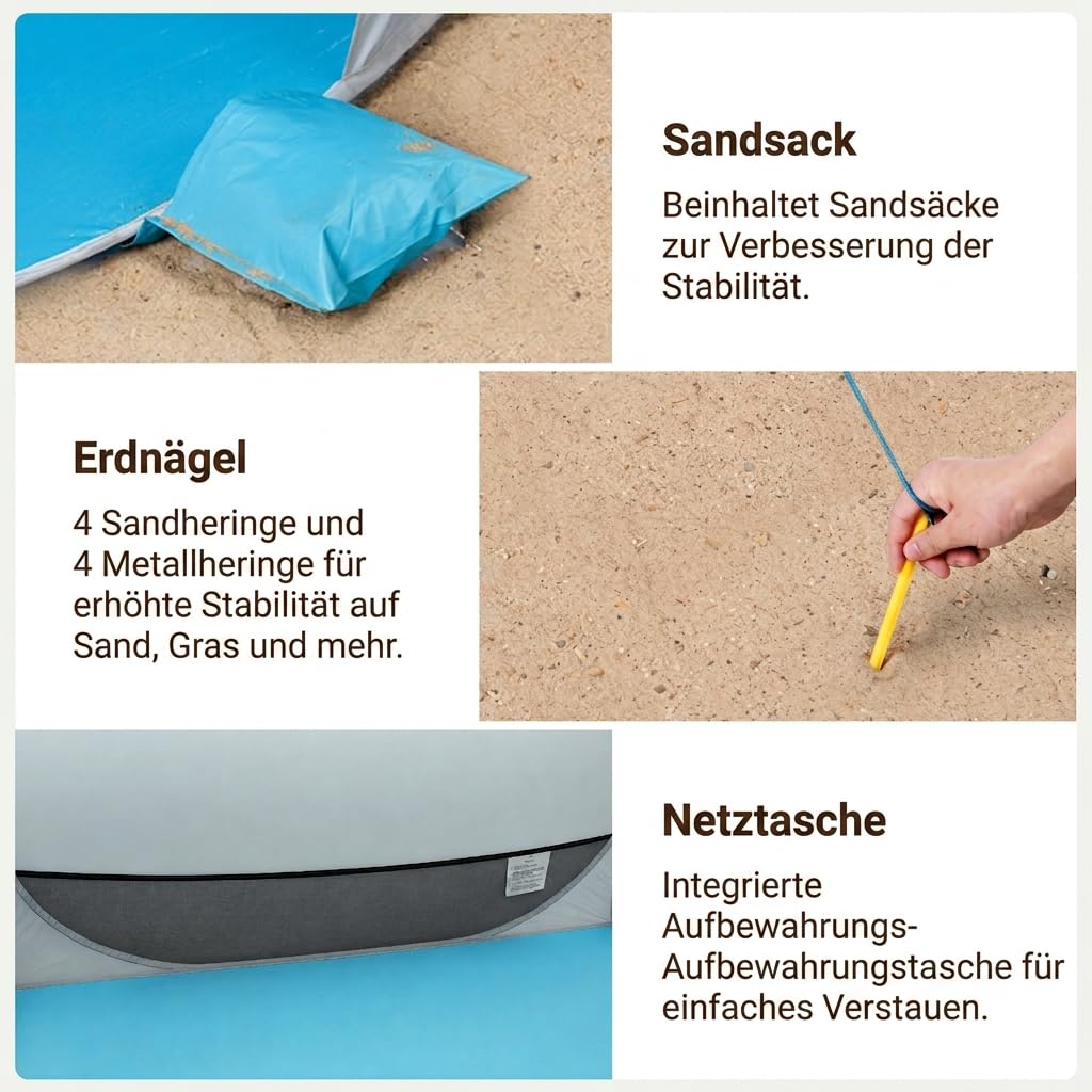 Wolfwise Strandmuschel Pop Up, Strandzelt mit UV-Schutz 50+, Sekundenschneller Aufbau, Wasserabweisend & Belüftet mit Sandtaschen für 2-3 Personen, 150x120x110 cm(59 ×47×43 in), Blau