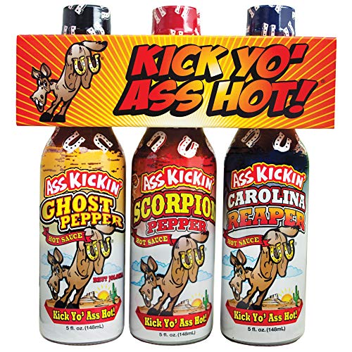 ASS KICKIN' Kick Yo' Ass Hot Sauce Bottles Gift Set - Ghost Pepper, Scorpion and Carolina Reaper Hot Sauces - Try if you dare! â€“ Perfect Stocking Stuffers or Christmas Gifts for the Hot Sauce Fan