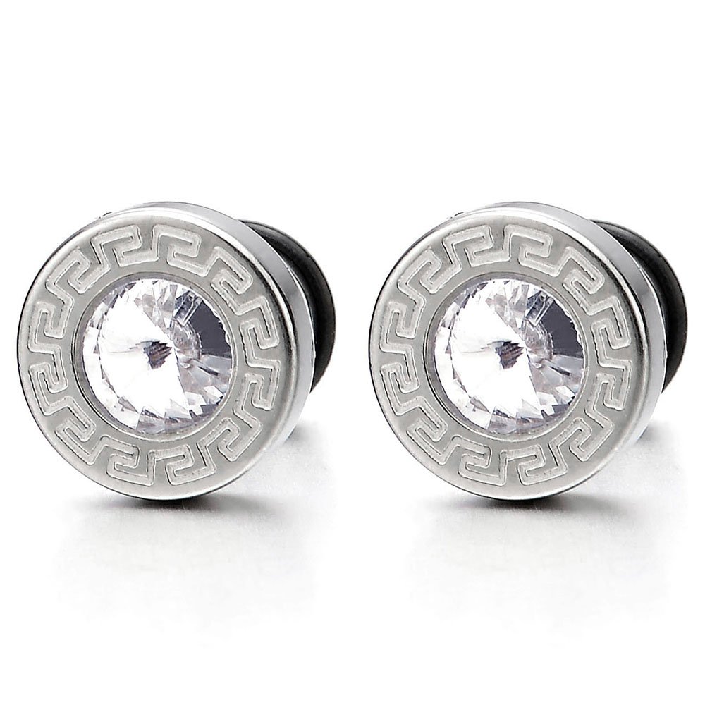 COOLSTEELANDBEYOND Modelo Dominante Griego Pendientes de Hombre, Aretes, Acero Inoxidable, con Circonita, Cierre Tornillo, 2 Piezas