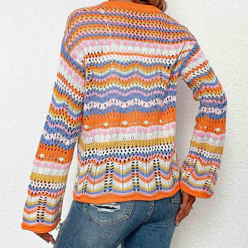 Image of Autumn and Winter Rainbow Striped Sweater Loose Knit Sweater Women's Sweater Cardigan