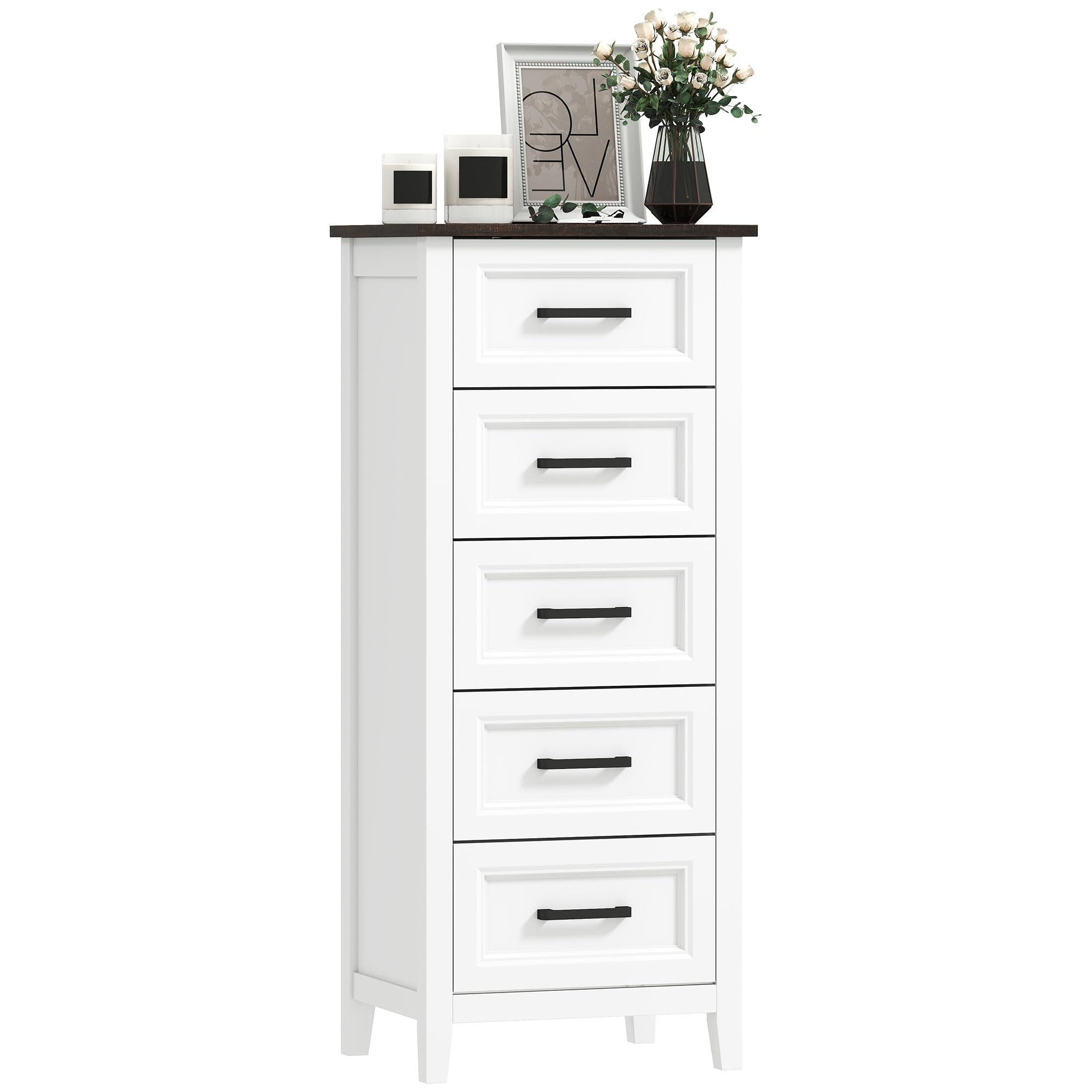 HOMCOM Cómoda 5 Cajones, Cómoda Dormitorio Estrecho y Alto con Encimera Efecto Madera, Cajonera para Espacios Pequeños, Salón, Oficina, 45x35x106 cm, Blanco