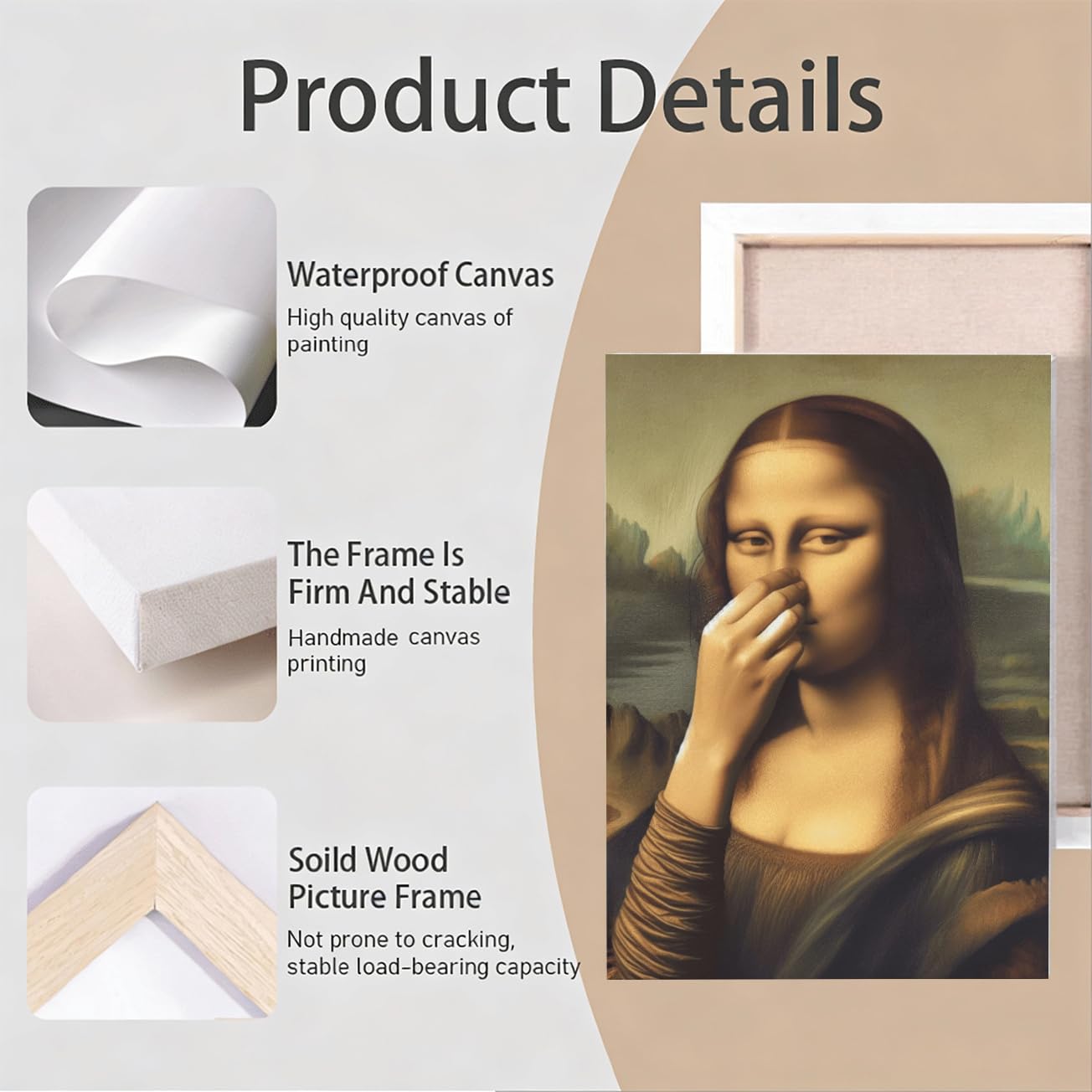 HNKDKJ Mona Lisa tapándose la nariz lienzo para baño arte de pared divertidas imágenes de Monalisa para baño decoración de pared famosa pintura al óleo impresiones artísticas de Monalisa - 50x70 c