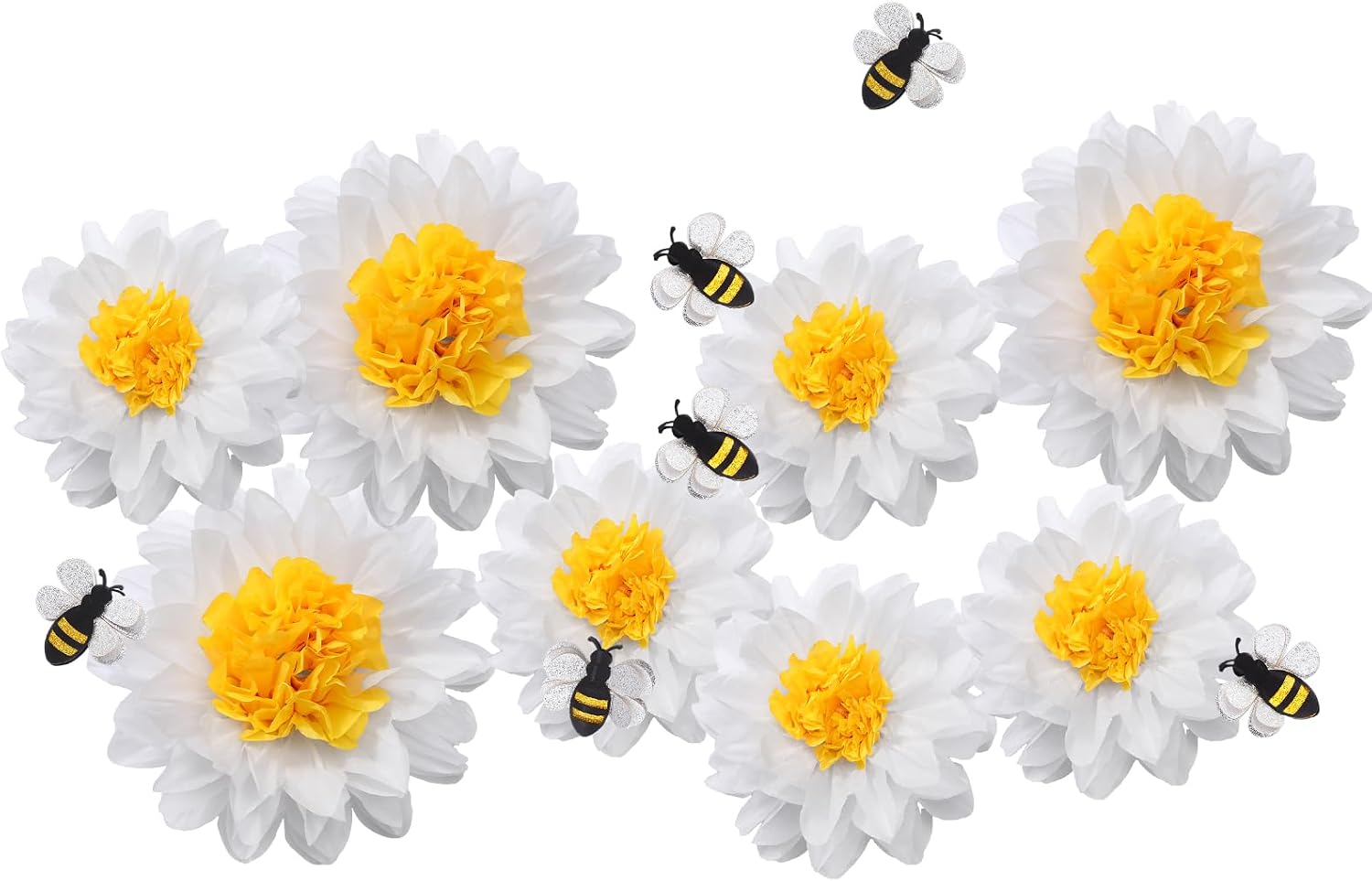 Feifeiya 14 Pcs Sunflower Daisy Tissue Paper Pom Poms Flower Bee Cutout Decorations Yellow Brown White 12" 8" for Bee Day Party Birthday Bridal Wedding Classroom Craft Bulletin Board(White)