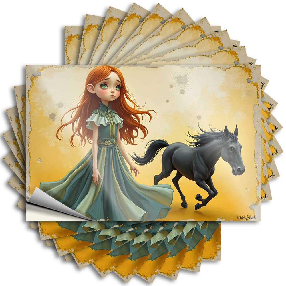 Whimsical Journey: Girl in Green Dress with Black Horse Tattoos Tent Accessories for Inside | Sweet Tumbler Removable Decal Pack(6X9CM)