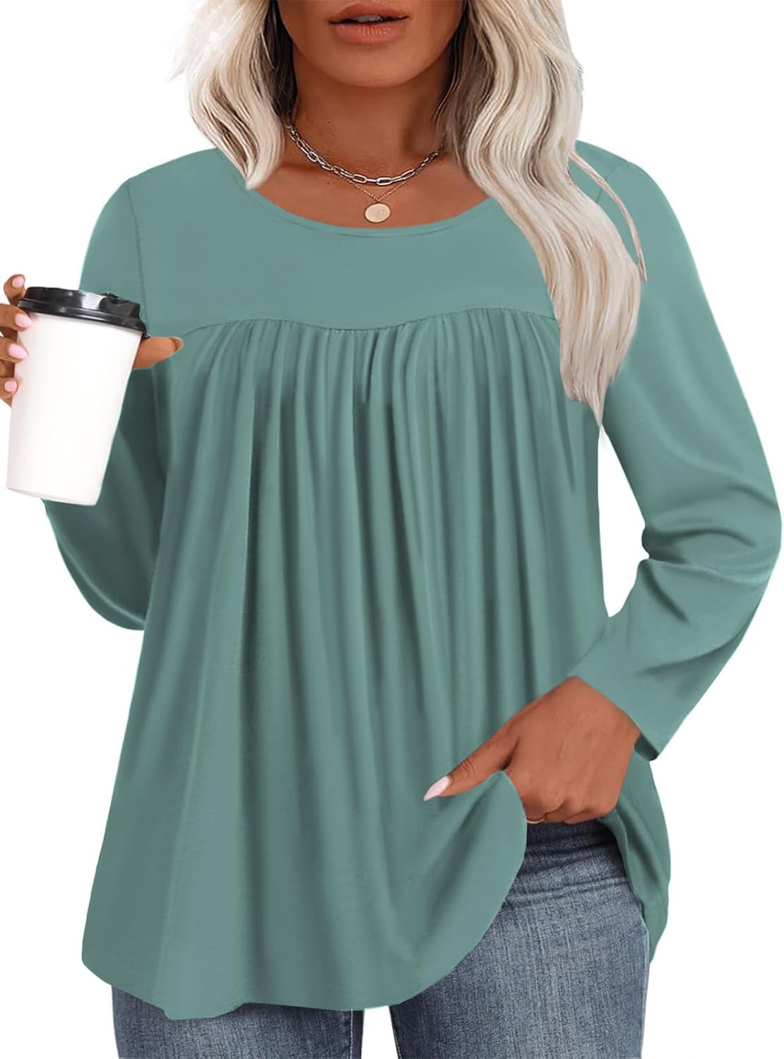 VISLILY Womens-Plus-Size-Tops Dressy Long Sleeve T Shirts Trendy Flowy Pleated Casual Crewneck Blouses Loose Tunics XL-5XL