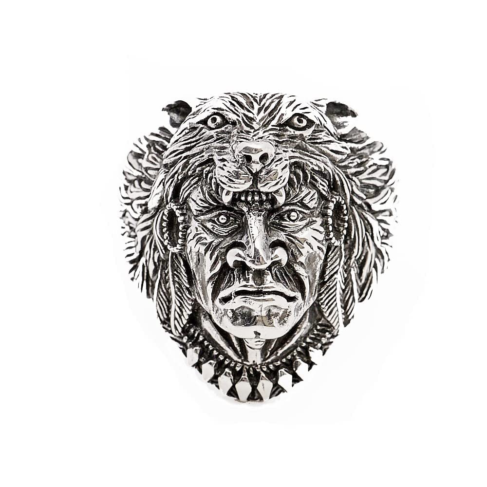 Treasure Bay Anillo de cráneo de motorista, anillo de plata de ley 925, anillo gótico de nativos americanos, jefe indio, cabeza de lobo