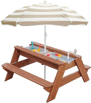 K LUCKIDS Table de Pique-nique en Bois 3-en-1 avec Bacs à Eau et Sable