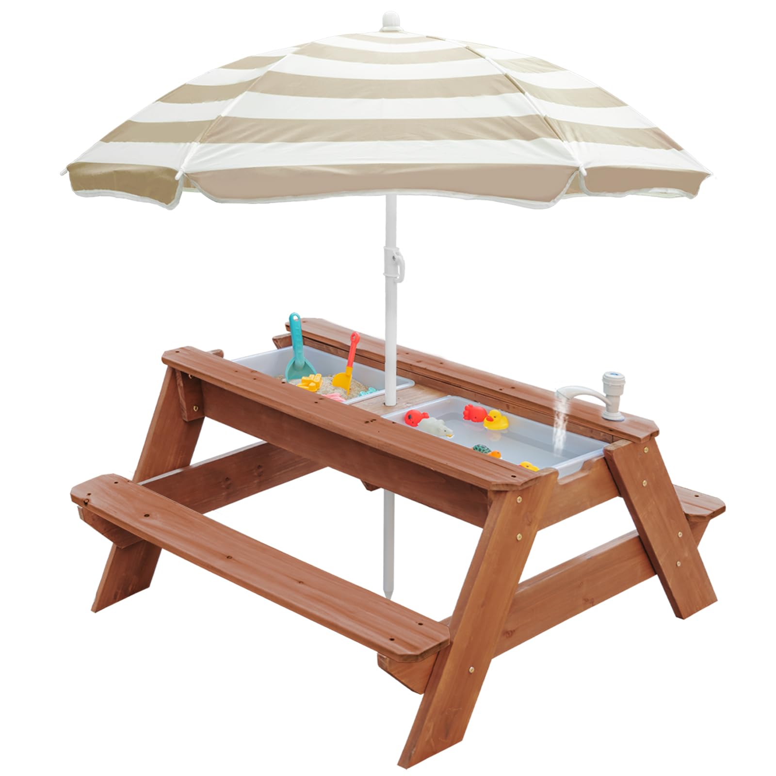 K LUCKIDS Kids 3-in-1 Sand & Water Activity Table, Wood Outdoor Convertible Picnic Table with Umbrella, 2 Play Boxes, Removable Top, Faucet Table Outdoor (Brown/Brown)