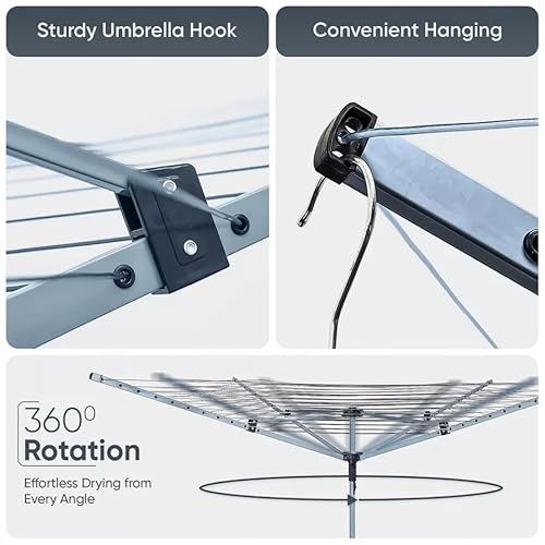 MEHRU Heavy Duty Rotary Washing Line Outdoor 4 Arm 60M Clothes Airer with Peg Bag Metal Ground Spike Waterproof Cover Foldable Garden Dryer Whirlygig Laundry Spinner Weatherproof Portable Drying Horse - Image 5
