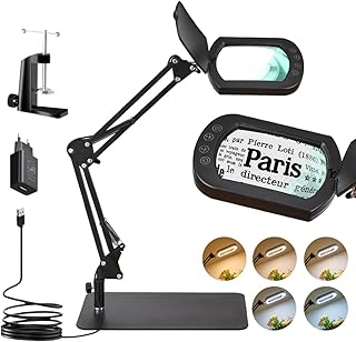 Lupa com Luz e Suporte, Lupa de Mesa 10x com Luz, Amplificador Retangular com Lâmpada Regulável de 5 Cores, Lâmpada Lupa LED Profissional 2 em 1 para Leitura, Reparação, Trabalho Manual