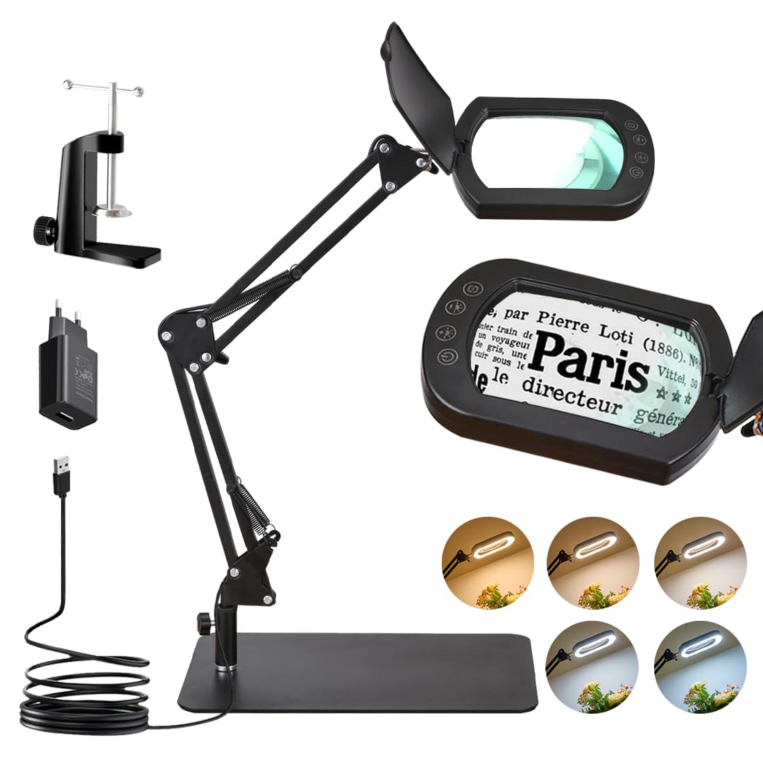 Lupa con Luz y Soporte, 10x Lupa de Mesa con Luz, Rectangular Amplificador con Lámpara Regulable de 5 Colores, 2 in 1 Lampara Lupa LED Profesional para Lectura, Reparación, Trabajo Manual
