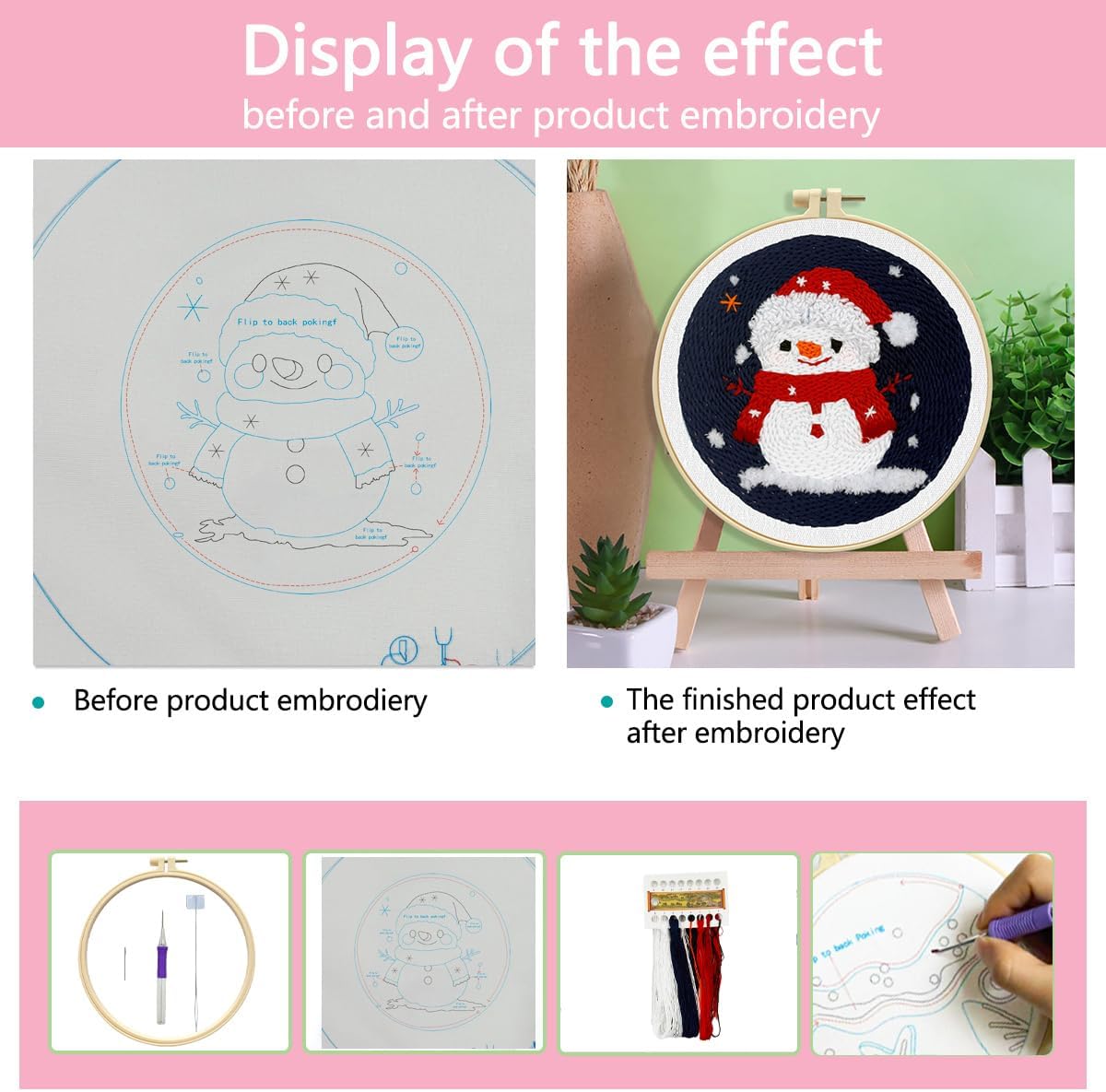 Zhenqing Snowman Punch Needle Kit for Beginners - Complete Set with 16cm Hoop, Pre-Printed Cotton Fabric, Wool Thread & Tools for DIY Embroidery Art（D0038）