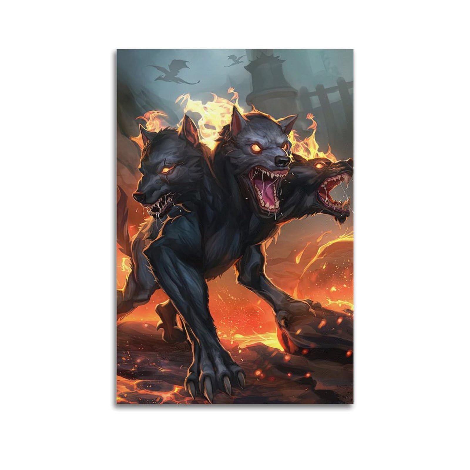DLJGDS Mythical Three - Headed Wolf with Fiery Aura, Vintage And Minimal Design Decorative Painting Canvas Wall Posters And Modern Family Bedroom Decor 24x36inch(60x90cm)