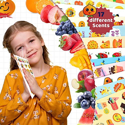 HORIECHALY Scratch and Sniff Stickers for Kid, Smelly Stickers 85 Sheets 17 Scents, 1600+ Scented Design with Cute Food and Fruit Patterns, Positive Reward Tool for Classroom.