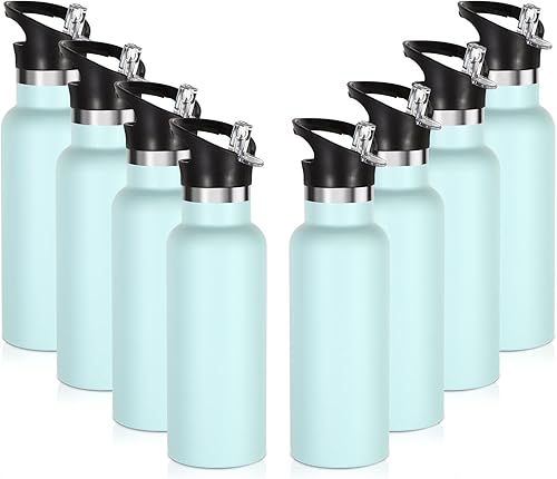 Volhoply Paquete de 8 botellas de agua aisladas de 17 onzas, botellas de agua de acero inoxidable para niños con tapa con pajilla, botella de agua