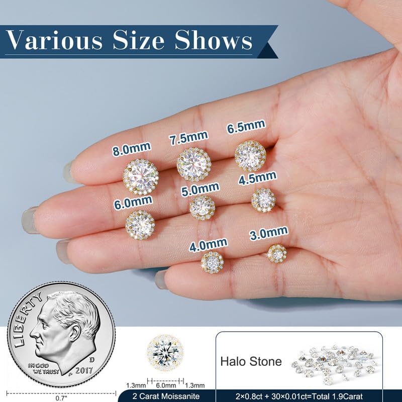 Moissanite Halo Earrings 0.2-4Carats(3-8mm) Moissanite Stud Earrings 18k Gold Over 925 Sterling Silver Earrings for Women Men D Color VVS1 Round Cluster Stud Push Back Ice Out Ear Studs - Image 5