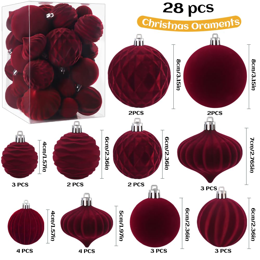 XIMISHOP Lot de 28 boules de Noël en velours, boules rouges floquées incassables pour décoration de Noël, boules suspendues pour décoration de sapin de Noël et de maison pour les fêtes