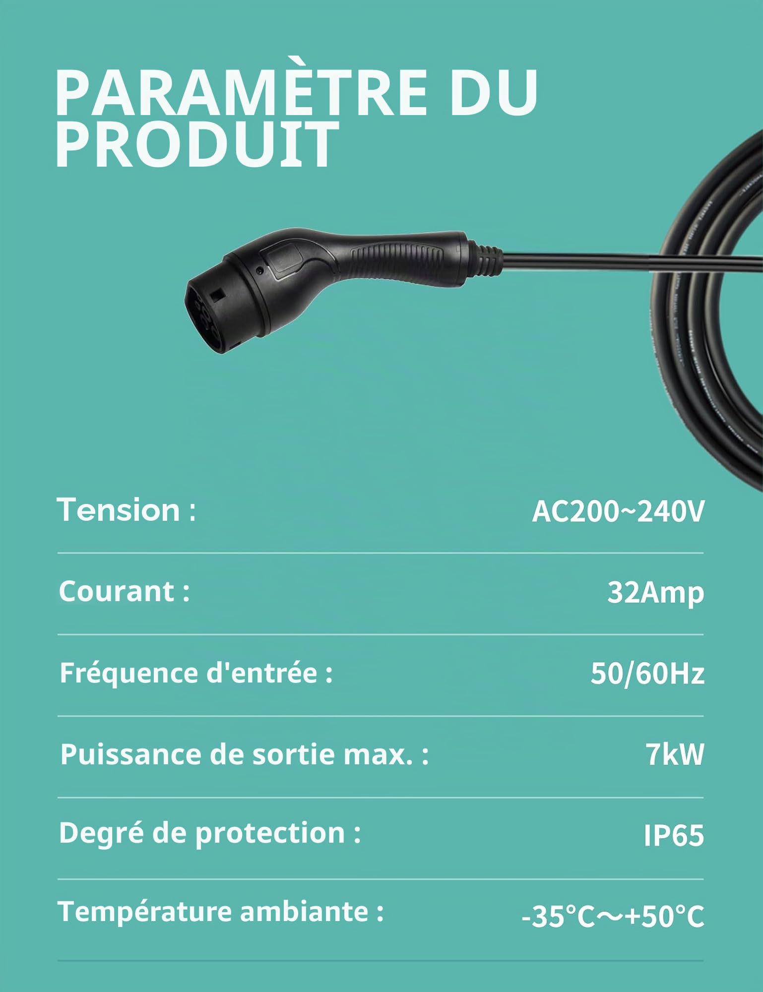 VCS-Z21-7S 7 KW Wallbox 200–250 V avec Wi-FI, Type 2 monophasée | Câble de 10 m, protection IP65, contrôle par application et courant réglable de 6 à 32 A, adaptée aux véhicules électriques