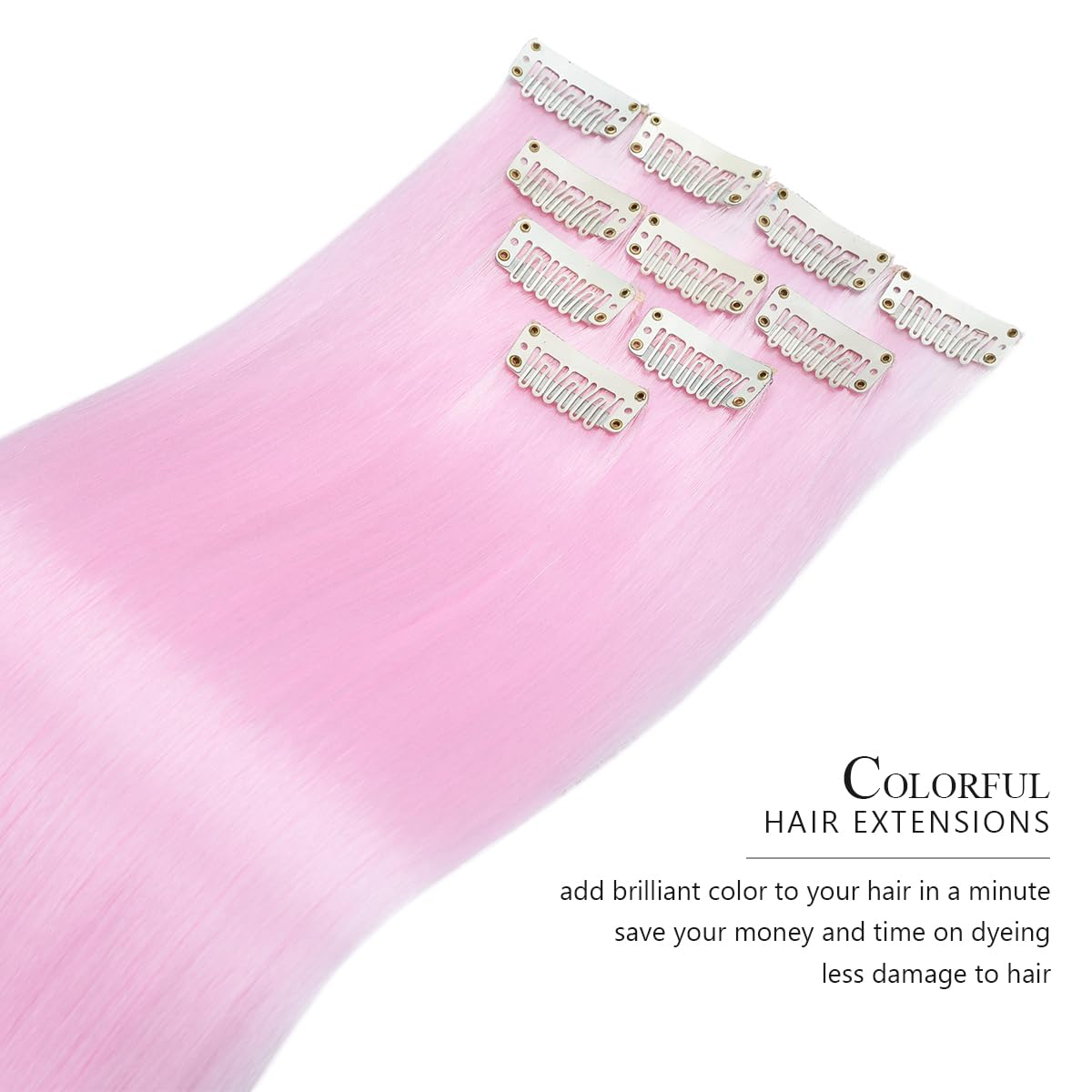 Yamel Colored Hair Extensions 10 Pieces 20 inch Bright Pink Clip in Hair Extensions for Women Synthetic Straight Hairpieces for Christmas Costume Party - Image 2