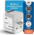 Ceptics 6 en 1 Adaptateur universel de voyage, sortie universelle w/ 2X USB-A et 3X USB-C 6A, Adaptateur d'alimentation de voyage pour utilisation dans EU, UK, US, AU et plus, Plug universel pour les mobiles, Ordinateurs portables- UP-30KU-WH