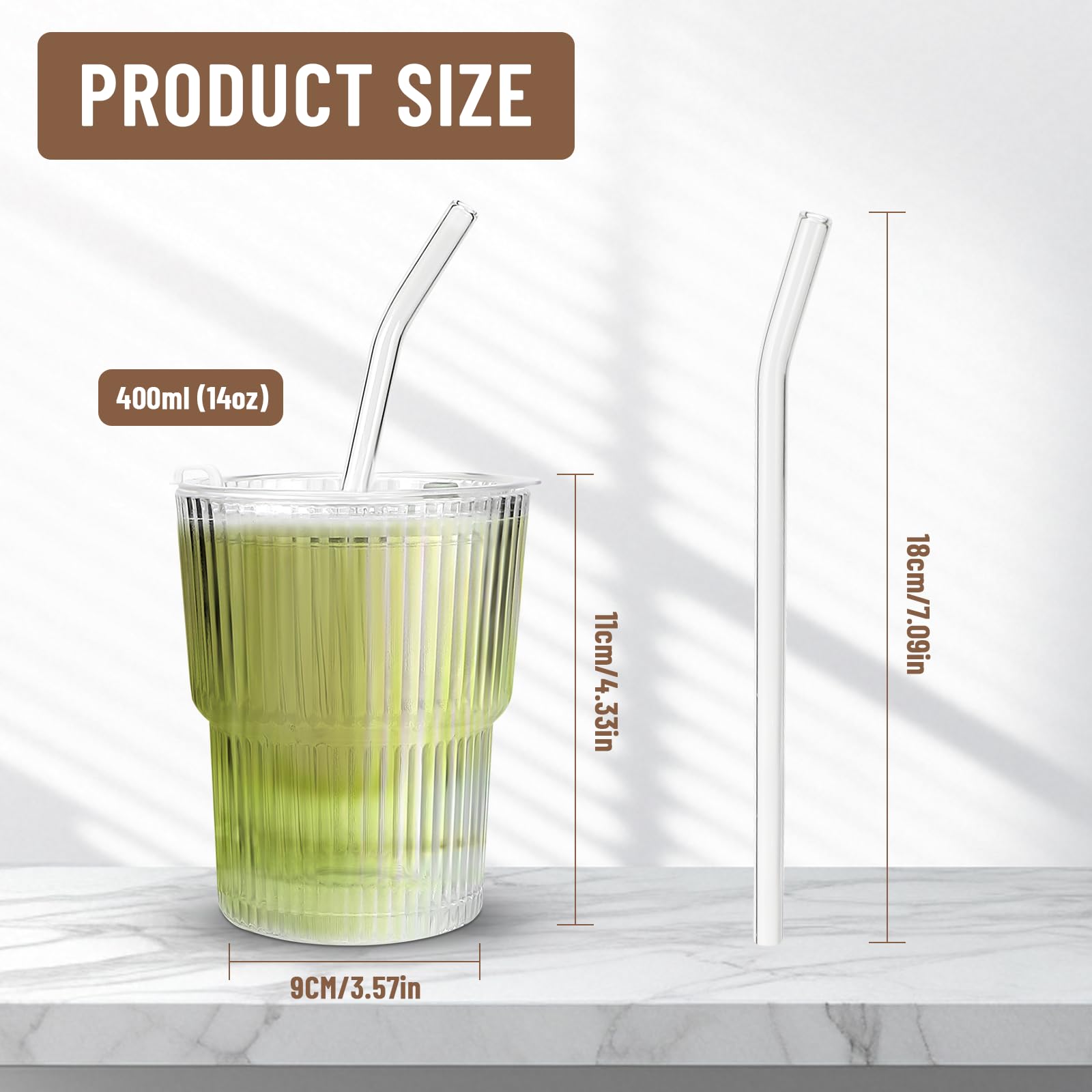 Verre Matcha Latte INSETLAN Lot De 2 Gobelets En Verre Nervuré De 591 Ml Avec Couvercles Et Pailles, Verre épais, Idéal Pour Le Café Glacé, Les Smoothies, Les Cocktails Et Les Jus