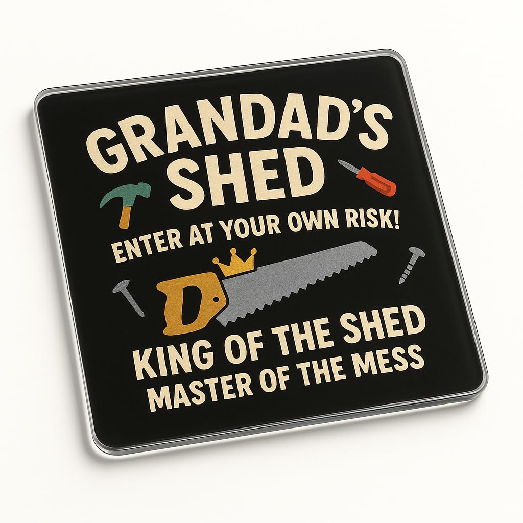 The Plum Penguin Shed Royalty Funny Acrylic Coaster Gift For Grandad Birthday - Humorous Novelty Present With Cartoon Tool Illustrations