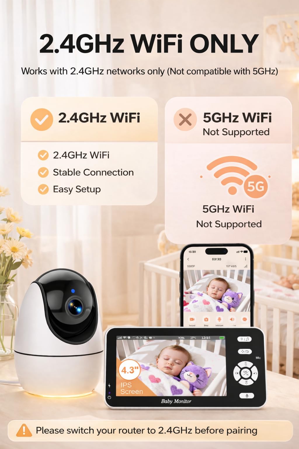 BURNNOVE Baby Monitor Video e Audio WiFi 4,3 Pollici IPS 3500mAh Batteria VOX Luce Notturna Rilevamento Temperatura