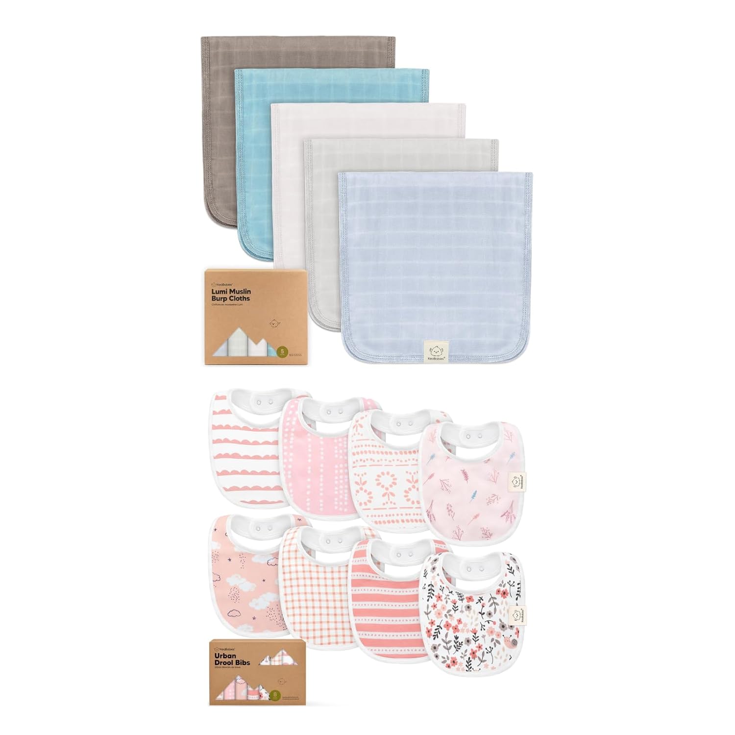 KeaBabies 5-Pack Muslin Burp Cloths for Baby Boys, Girls and 8-Pack Baby Bibs for Girls & Boys - Absorbent Burp Clothes, Burping Rags for Infant - Teething and Drool Bibs