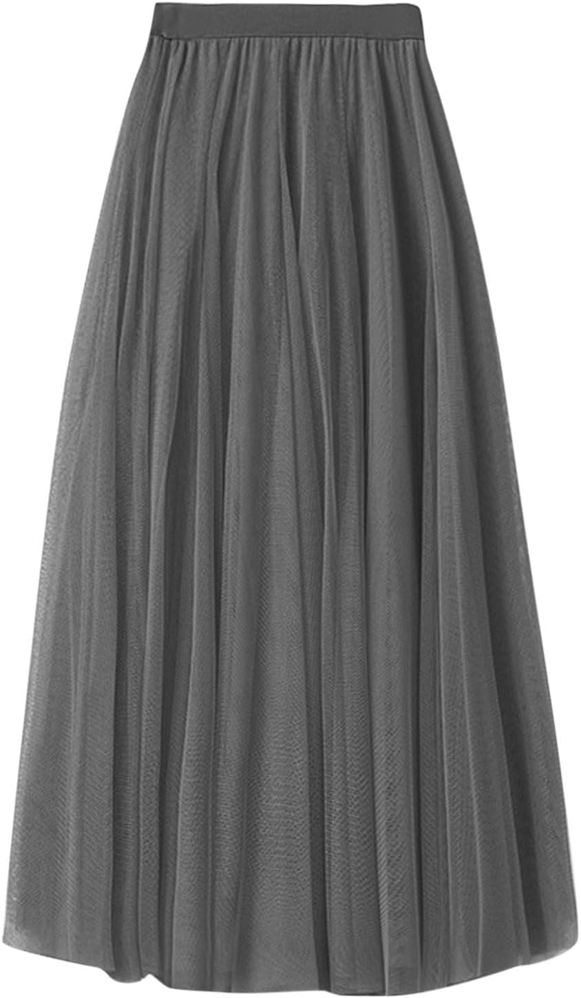 Women's Tulle Skirts A-Line Pleated Elastic High Waist Layered Mesh Ballet Prom Party Skirt Floral Tutu Midi Skirts Womens Pleated Skirt Ladies Midi Casual Elasticated Waist Party Swing Dress