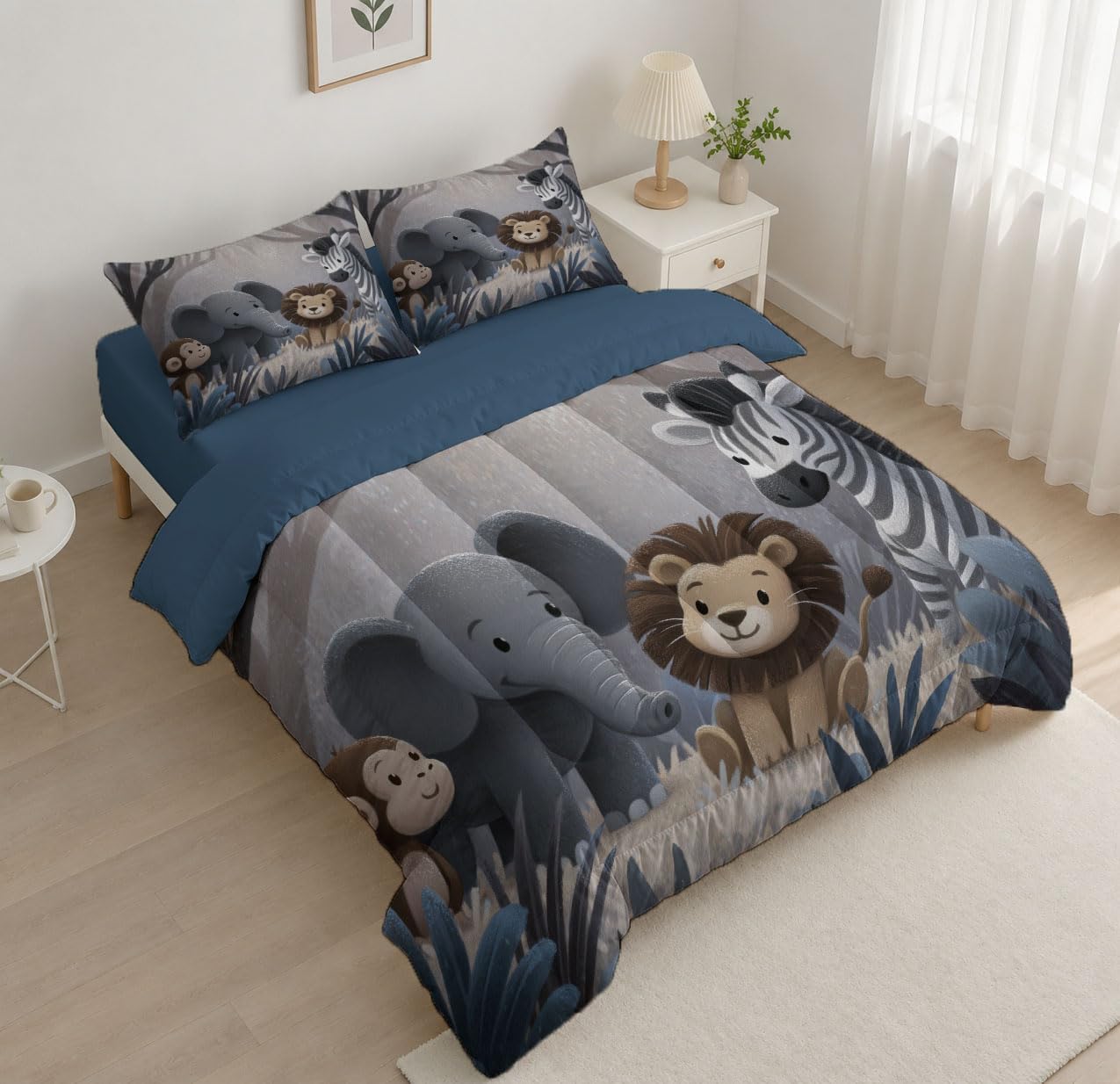 Cartoon Animals Comforter Set King Size, Forest Elephants and Lions Bedding Set for Girls Boys, Grey Quilt Bed 104"X90" Bedding Comforter Sets with 2 Pillowcase Room Decor