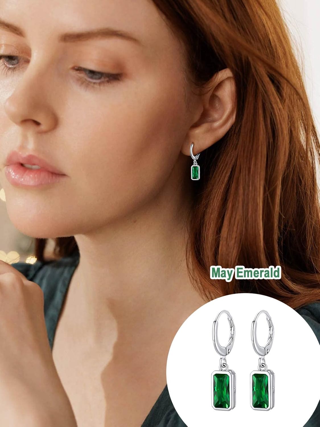 FOCALOOK Birthstone Drop Earrings for Women, 925 Sterling Silver Square Cubic Zirconia 10mm Small Huggie Hoop Earrings - Image 2