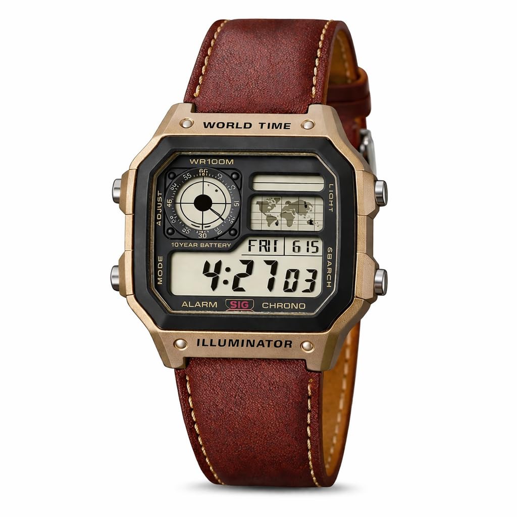 Stylish Men’s Wrist Watch – Brown Leather Band, Black Digital Dial, Chronograph & Alarm