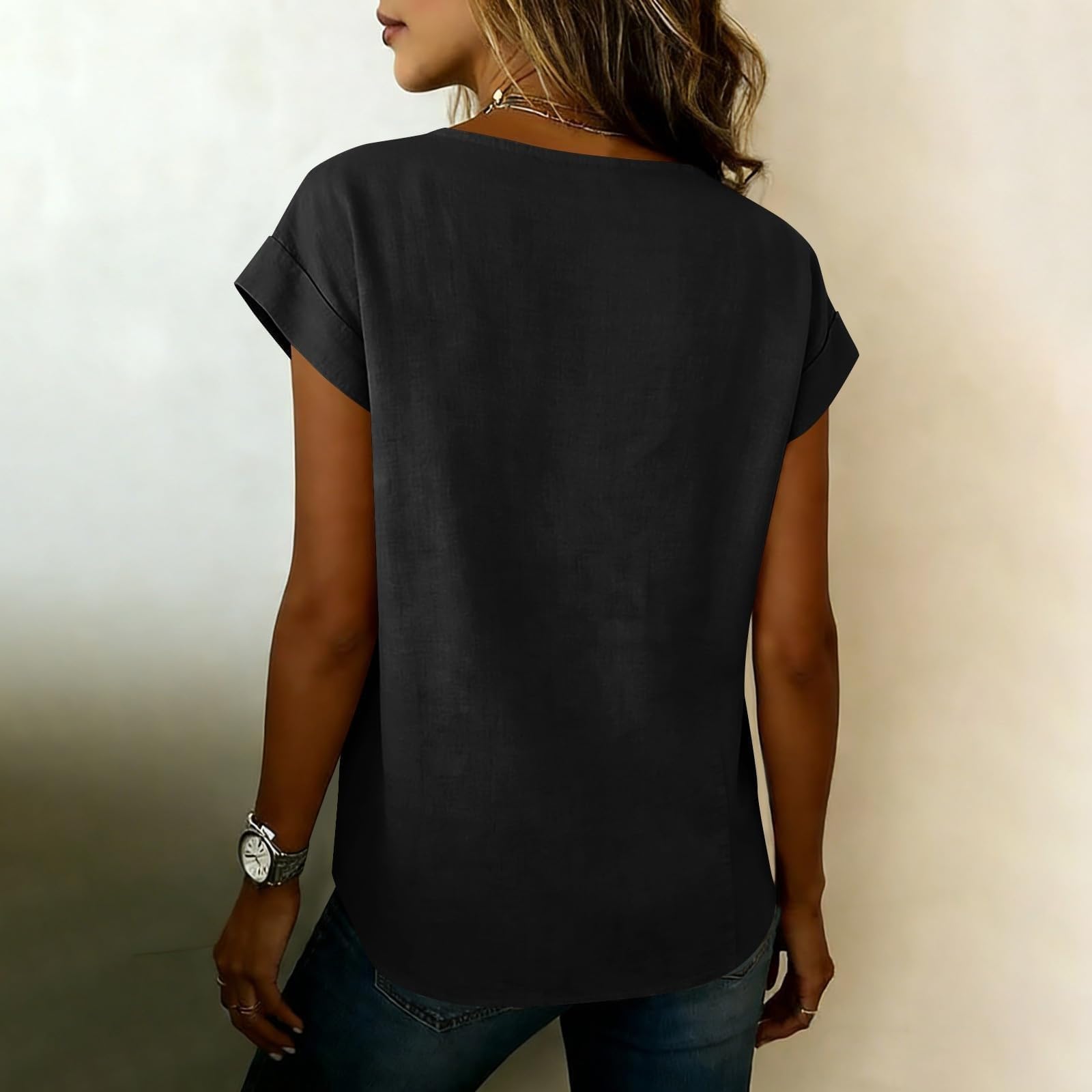 Generisch Damen-Oberteile aus Baumwoll-Leinen-Mix – Sommer-Tunika im Wickel-Look mit V-Ausschnitt, kurzen Ärmeln & Lockerem Boho-Schnitt