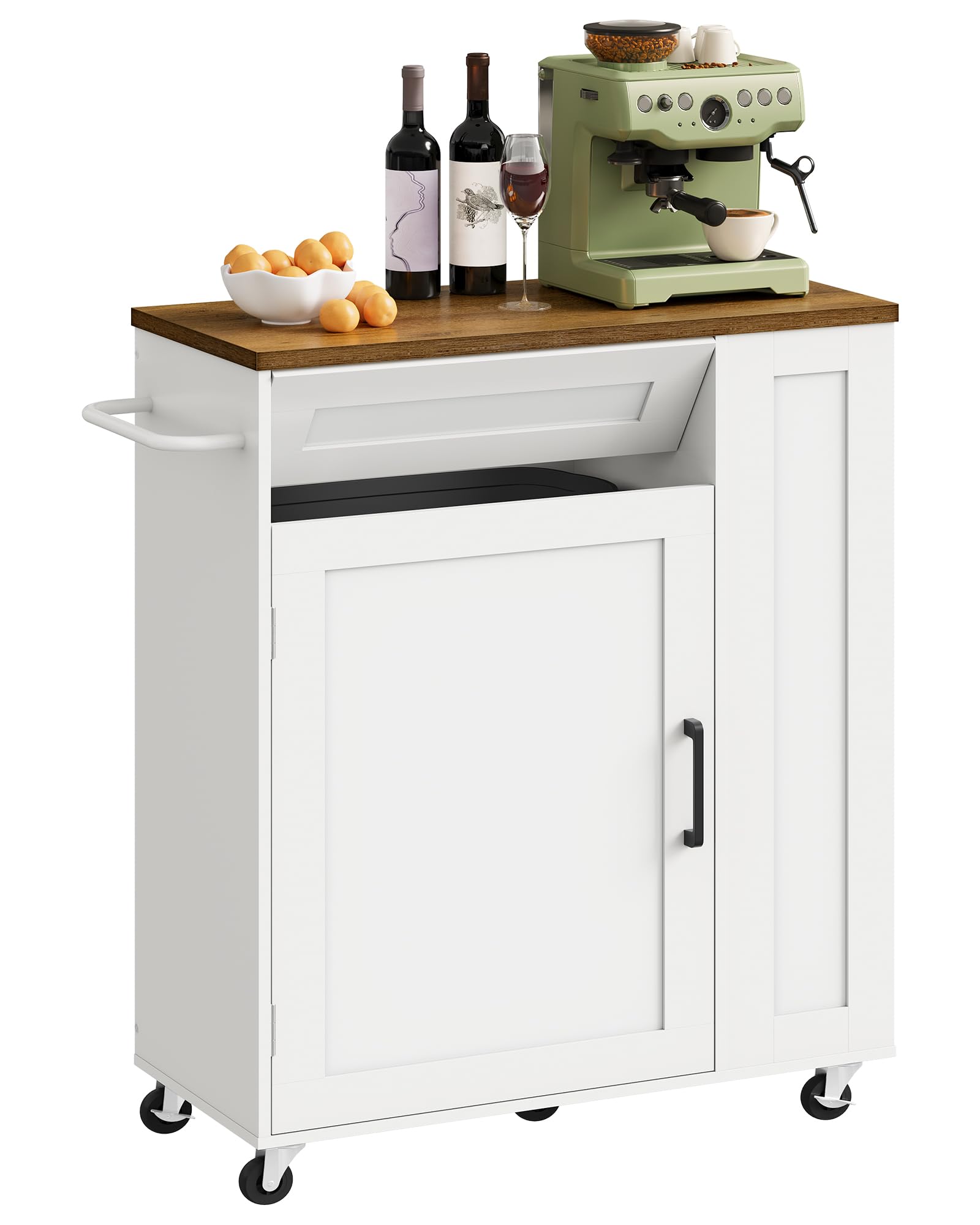 CHOEZON Carrito de Cocina Móvil con Isla, Carro con Compartimento Oculto para Basura, Carrito de Cocina con 5 Ruedas Giratorias, Cajón, Estantes y Toallero, para Cocina, Blanco y Nogal DMZD06WL