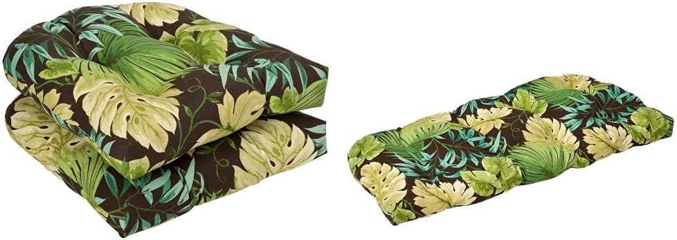 Pillow Perfect Outdoor/Indoor Tropique Peridot Tufted Seat Cushions (Round Back), 19" x 19", Green Outdoor/Indoor Tropique Peridot Tufted Loveseat Cushion, 44" x 19", Green
