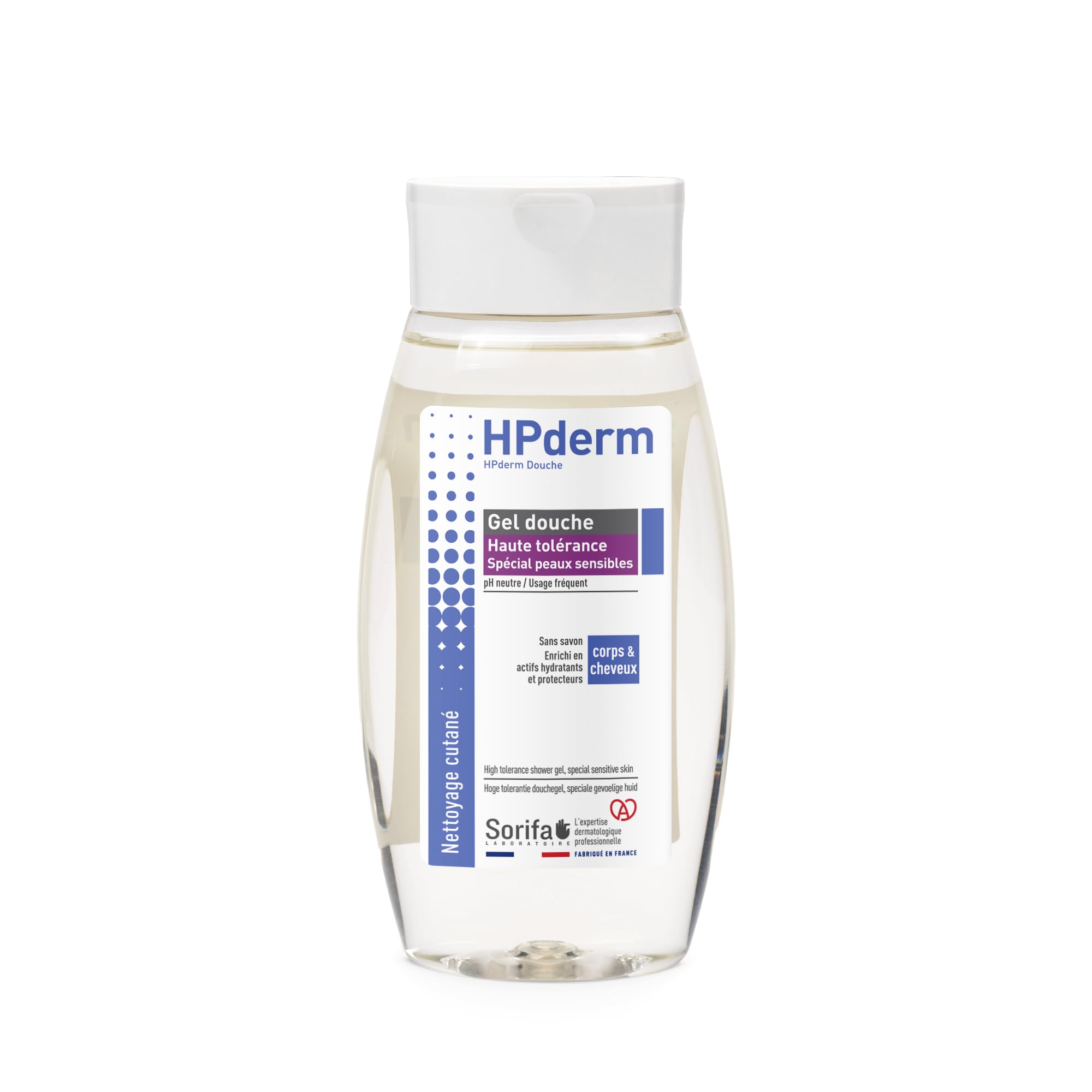 HPderm WYSOKA TOLERANCE Żel pod prysznic 2 w 1 do ciała i włosów - Specjalny dla skóry wrażliwej, skóry tatuażu, osłabione włosy - Częste używanie - pH neutralne, bez mydła - Butelka 250 ml