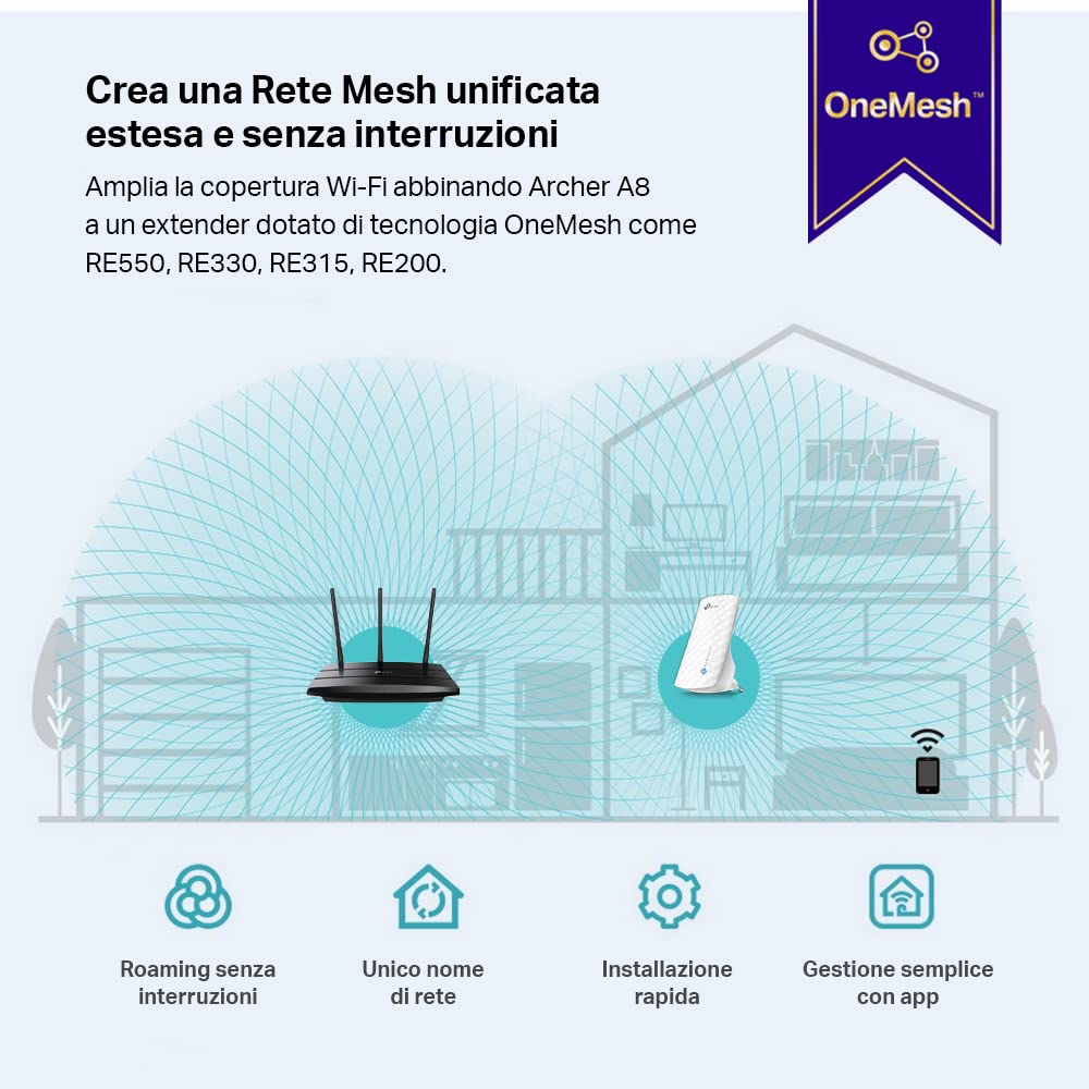 TP-Link Archer A8 Router Ethernet Wi-Fi Dual Band AC1900 Wireless, 5 Porta Gigabit, MU-MIMO, Parental Control, Tecnologia Beamforming, Supporto IPTV, IPv6, IGMP Snooping, VLAN, Rete Ospiti, WPS