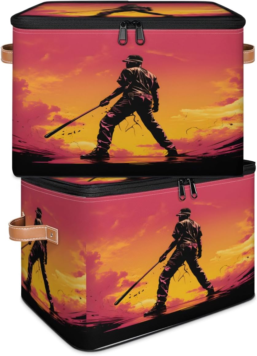 Storage Bin Set of 2 Sports Baseball Player Storage Basket with Zipper Lid & Handle Foldable Closet Shelf 2 Pack Cloth Organizer Basket Cube Bins Clothes Organizer for Nursery, Bedroom