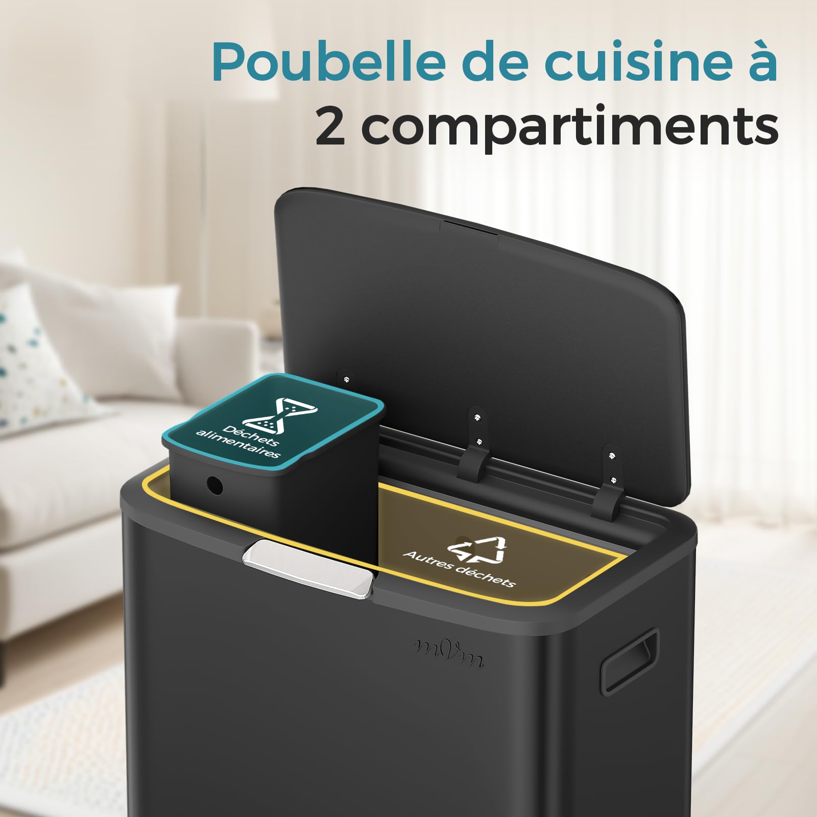 mVm Poubelle Cuisine 65L, avec Tri Sélectif Intégré, Comprend Seau Amovible, en Acier Inoxydable, Anti-traces de doigts, Support Détachable, Facile à nettoyer, Idéal pour Cuisine, Bureau et Salon