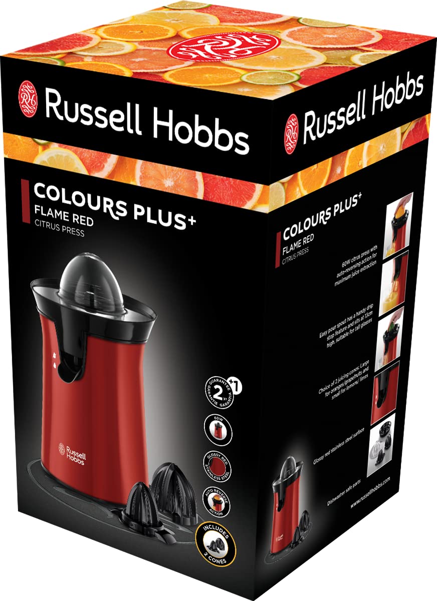 Russell Hobbs Presse Agrumes Electrique [2 Sens Rotation] Colours+ rouge (2 Cônes Interchangeables,sans BPA,lavables lave-vaisselle, stop-goutte,Facile & rapide, Démarrage auto. par pression) 26010-56