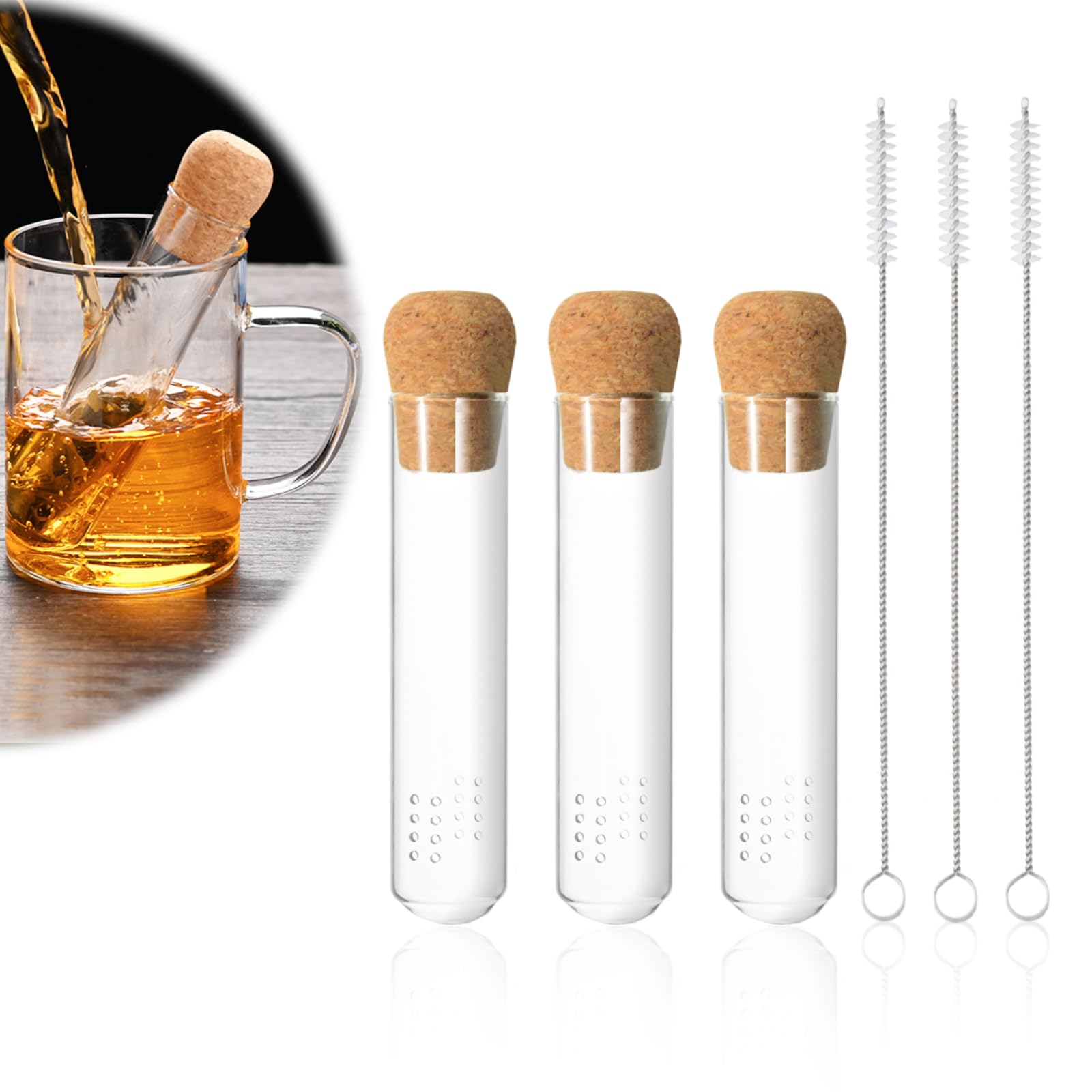3PCS Tea Infusers for Loose Tea with Cleaning Brush, Reusable Glass Tea Diffuser with Cork, Glass Tea Diffusers Infuser Large Loose Tea Leaf Steeper Filter for Cups, Mugs and Teapots
