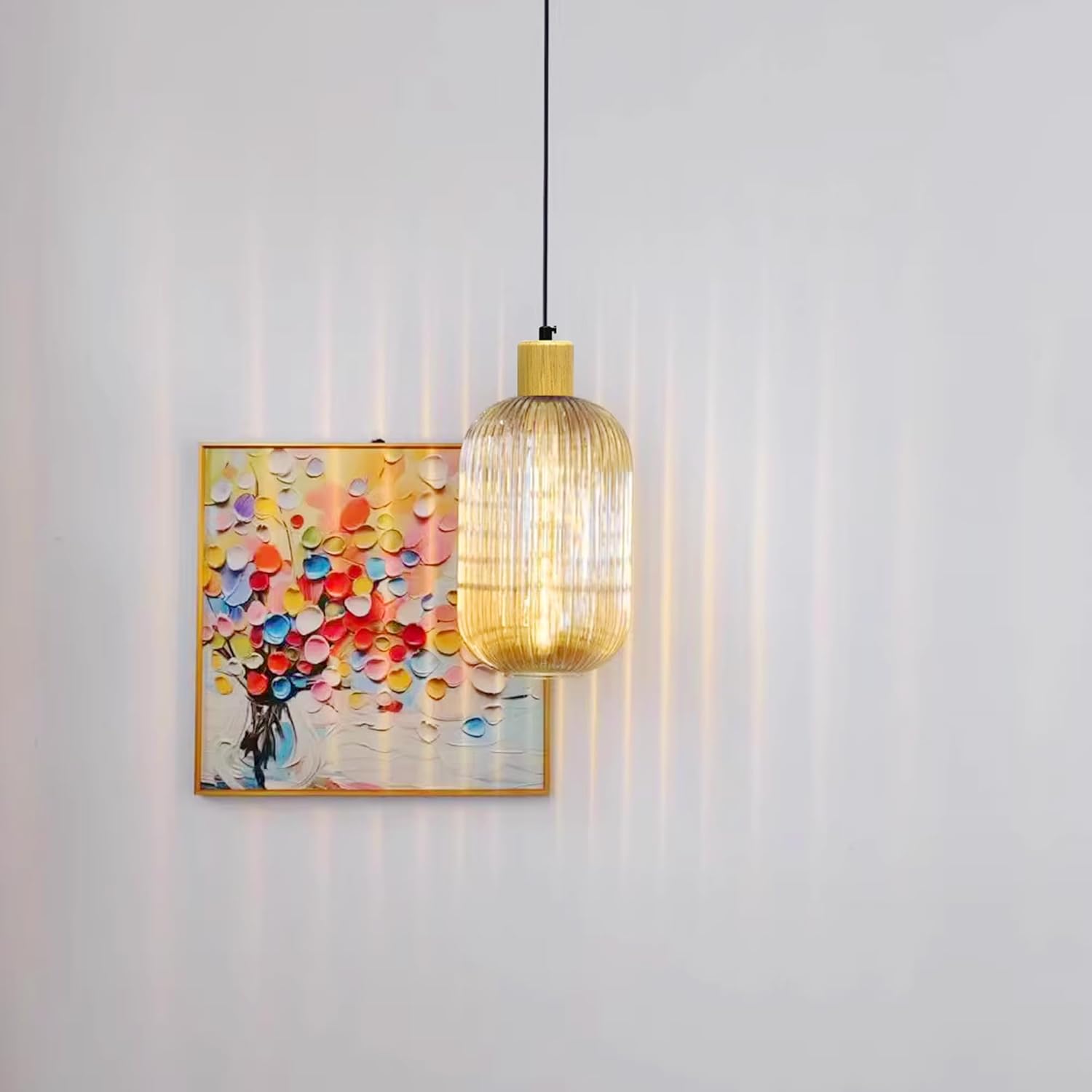 Adjustable Height Halo Track Lighting Pendants, 6.5 ft Cord, H-Type Dimmable Vintage Natural Wood E26 Socket Chandeliers Mid-Century Ribbed Glass Shade for Kitchen Island Vaulted Ceiling